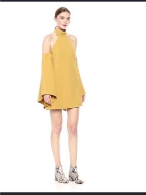 C/MEO Collective Mustard Cold-Shoulder Mini Dress with Dramatic Bell Sleeves